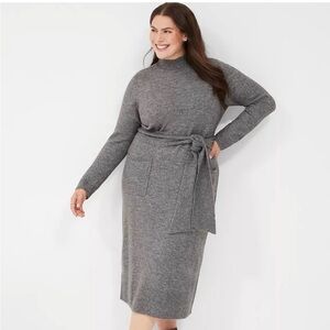 Long-sleeve Mock Neck Belted Knit Sweater Dress